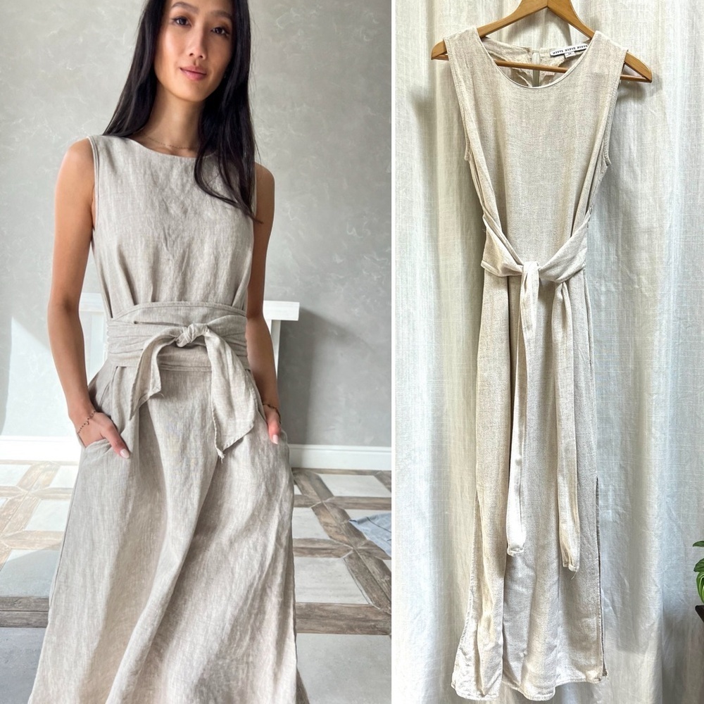 Hyfve Linen Blend maxi dress with belted tie and side slit oatmeal size medium